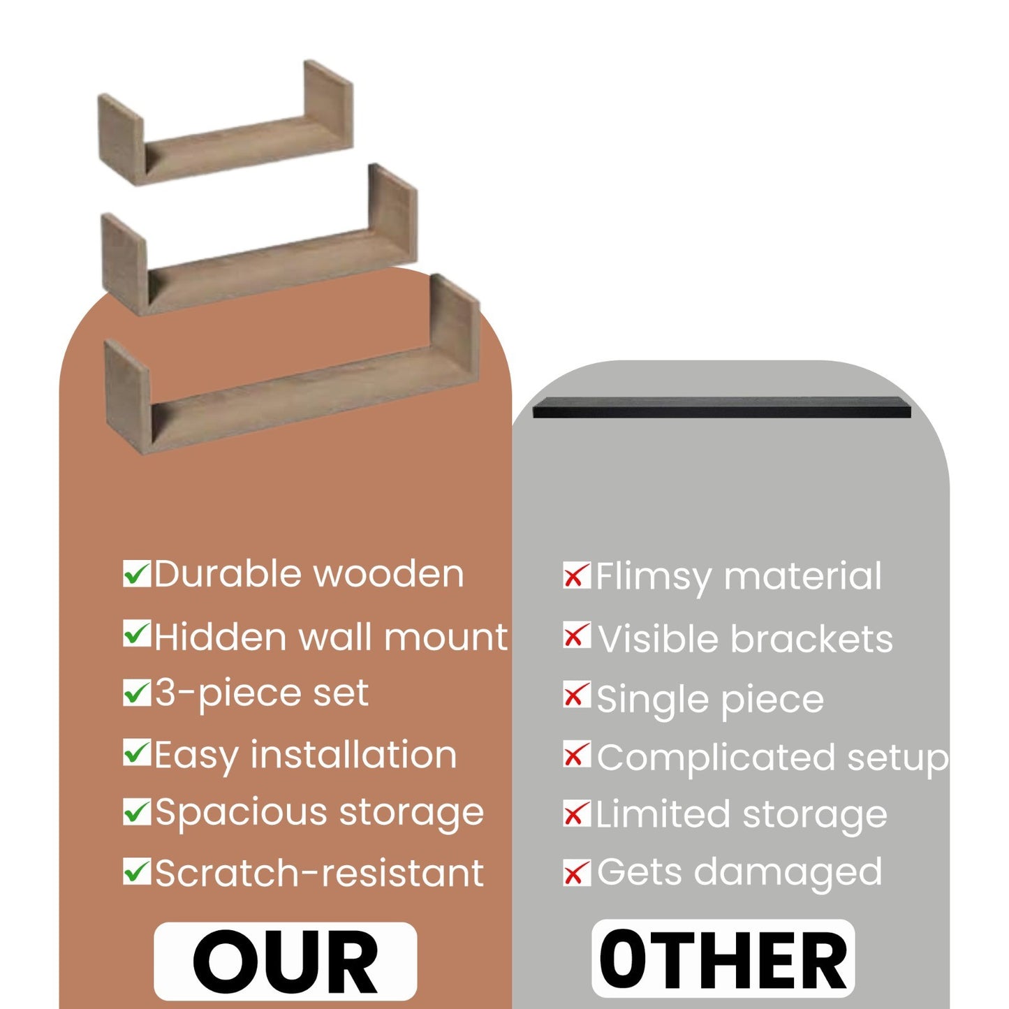 U Shaped Floating Shelve Wall Shelf Mounted Display Set Of3 Wooden Storage Shelf