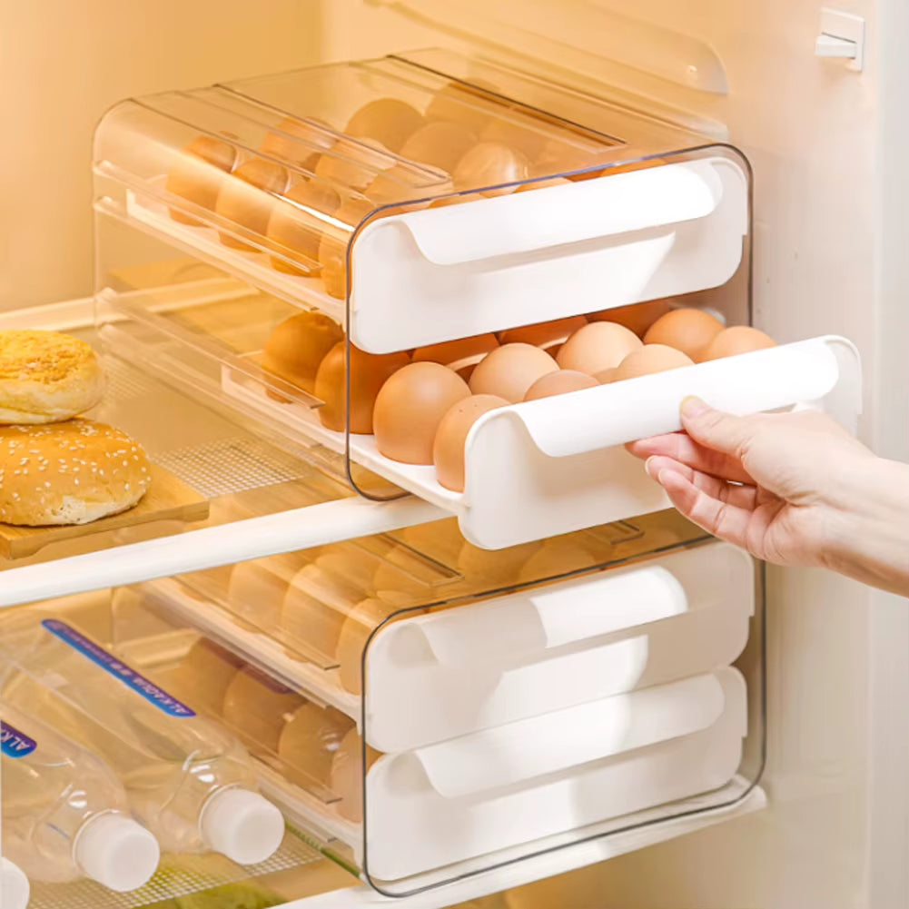 Double-Layer Egg Storage Drawer Box, Holds 32 Eggs, Transparent Body, Easy Access, White