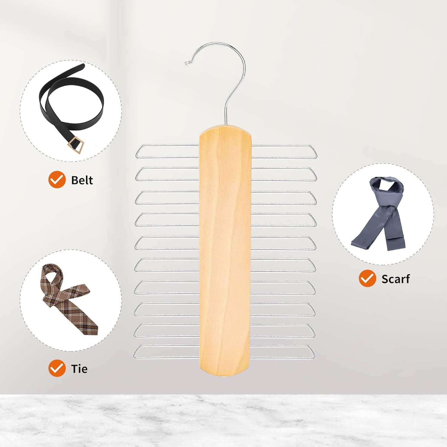 20 Bar Wooden Tie Hanger & Belt Rack, 2-Pack, 16 Cm, Natural