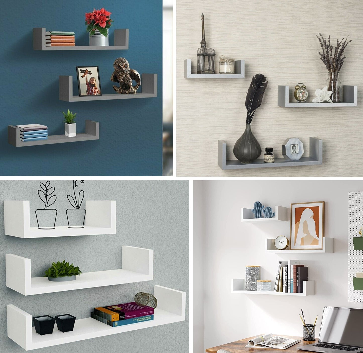 U Shaped Floating Shelve Wall Shelf Mounted Display Set Of3 Wooden Storage Shelf
