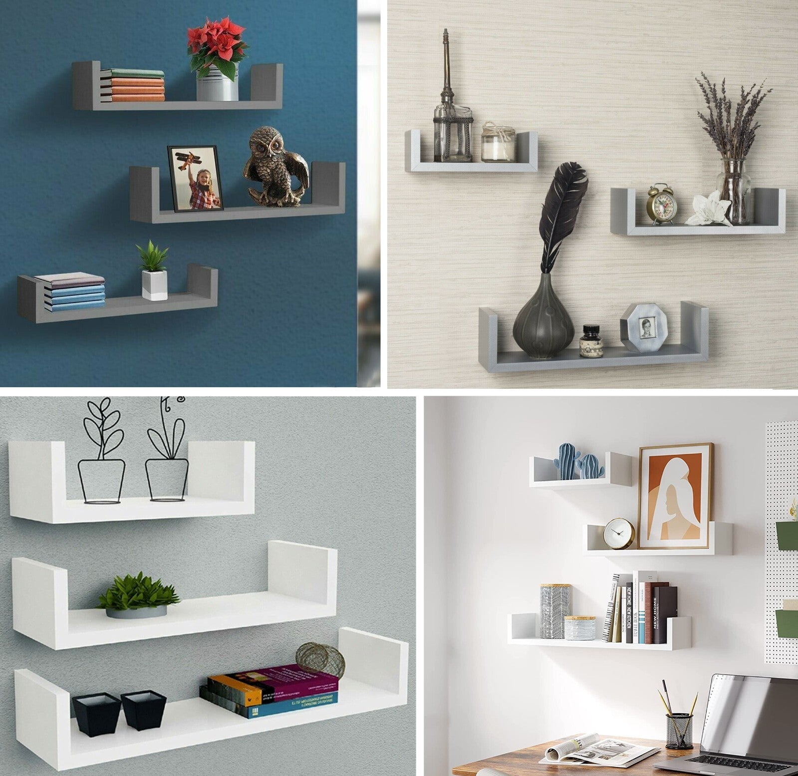 U Shaped Floating Shelve Wall Shelf Mounted Display Set Of3 Wooden Storage Shelf
