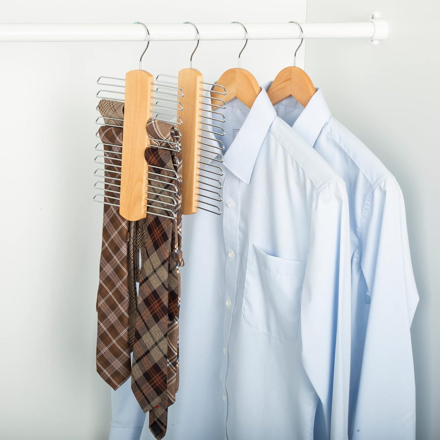 20 Bar Wooden Tie Hanger & Belt Rack, 2-Pack, 16 Cm, Natural
