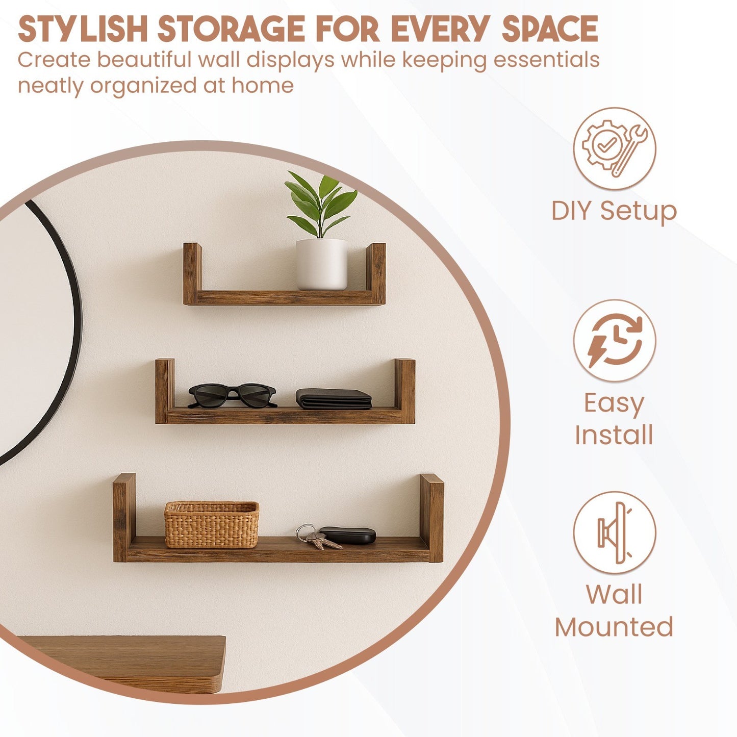 U Shaped Floating Shelve Wall Shelf Mounted Display Set Of3 Wooden Storage Shelf