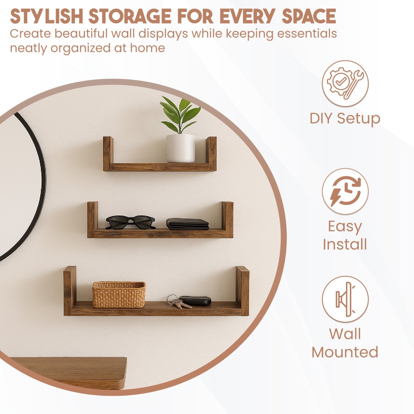U Shaped Floating Shelve Wall Shelf Mounted Display Set Of3 Wooden Storage Shelf
