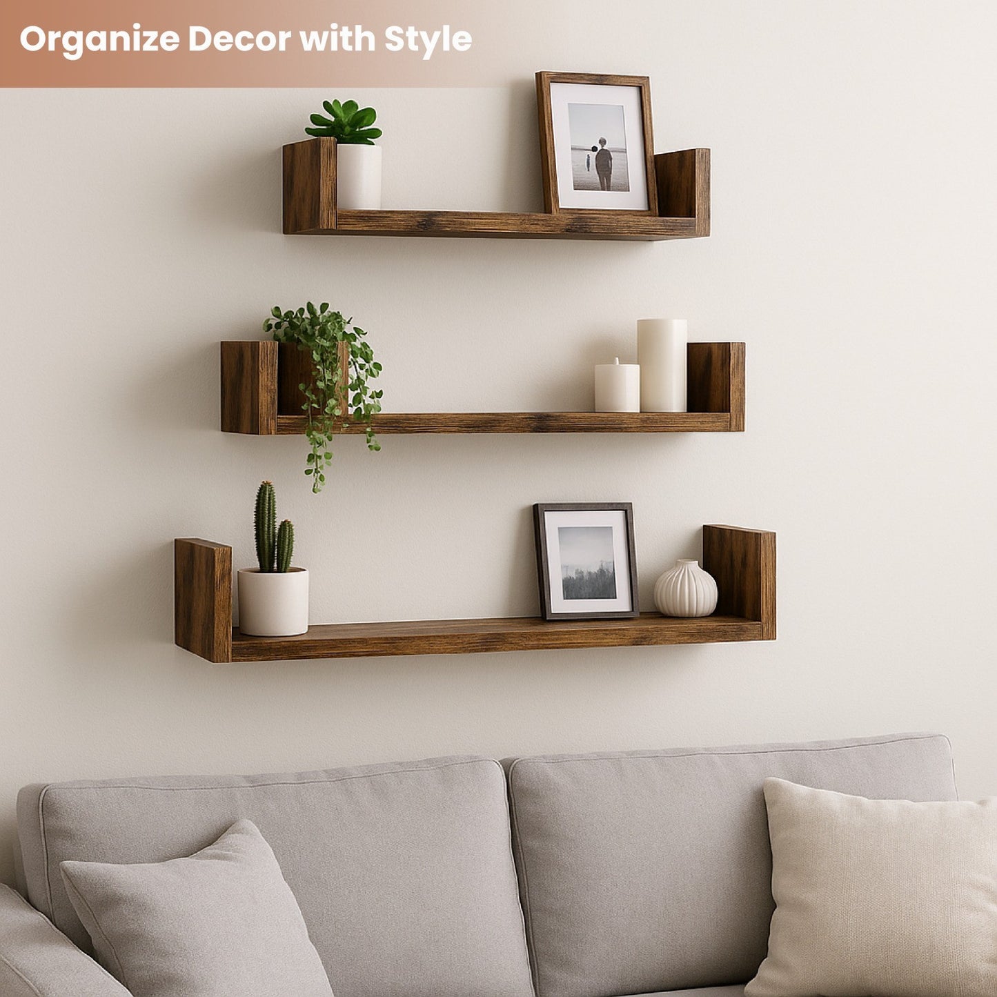U Shaped Floating Shelve Wall Shelf Mounted Display Set Of3 Wooden Storage Shelf