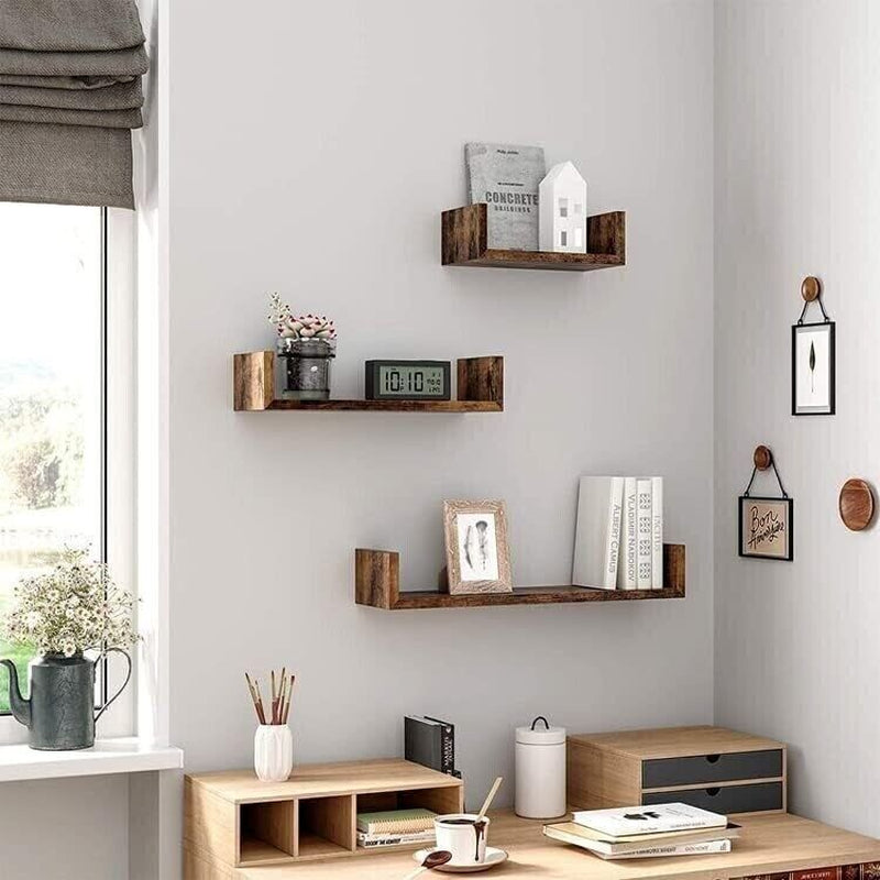 U Shaped Floating Shelve Wall Shelf Mounted Display Set Of3 Wooden Storage Shelf