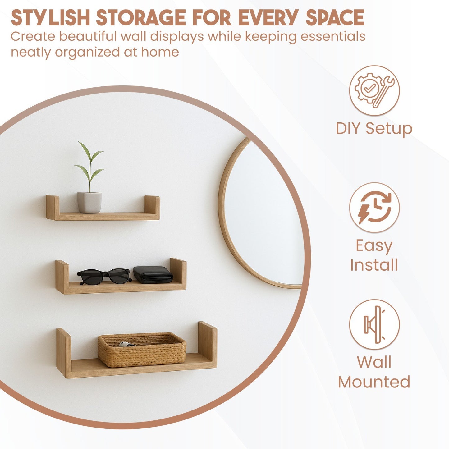 U Shaped Floating Shelve Wall Shelf Mounted Display Set Of3 Wooden Storage Shelf