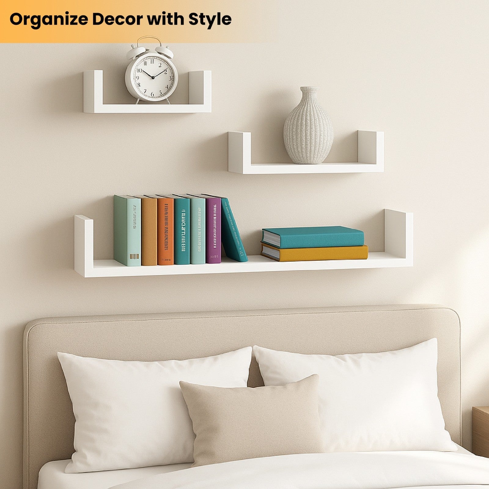 U Shaped Floating Shelve Wall Shelf Mounted Display Set Of3 Wooden Storage Shelf
