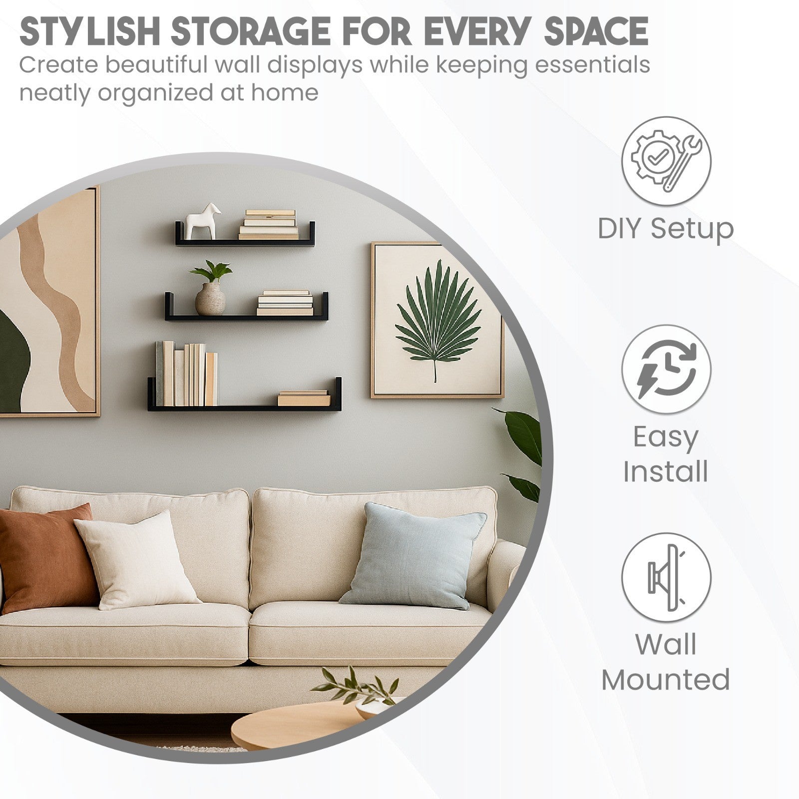 U Shaped Floating Shelve Wall Shelf Mounted Display Set Of3 Wooden Storage Shelf