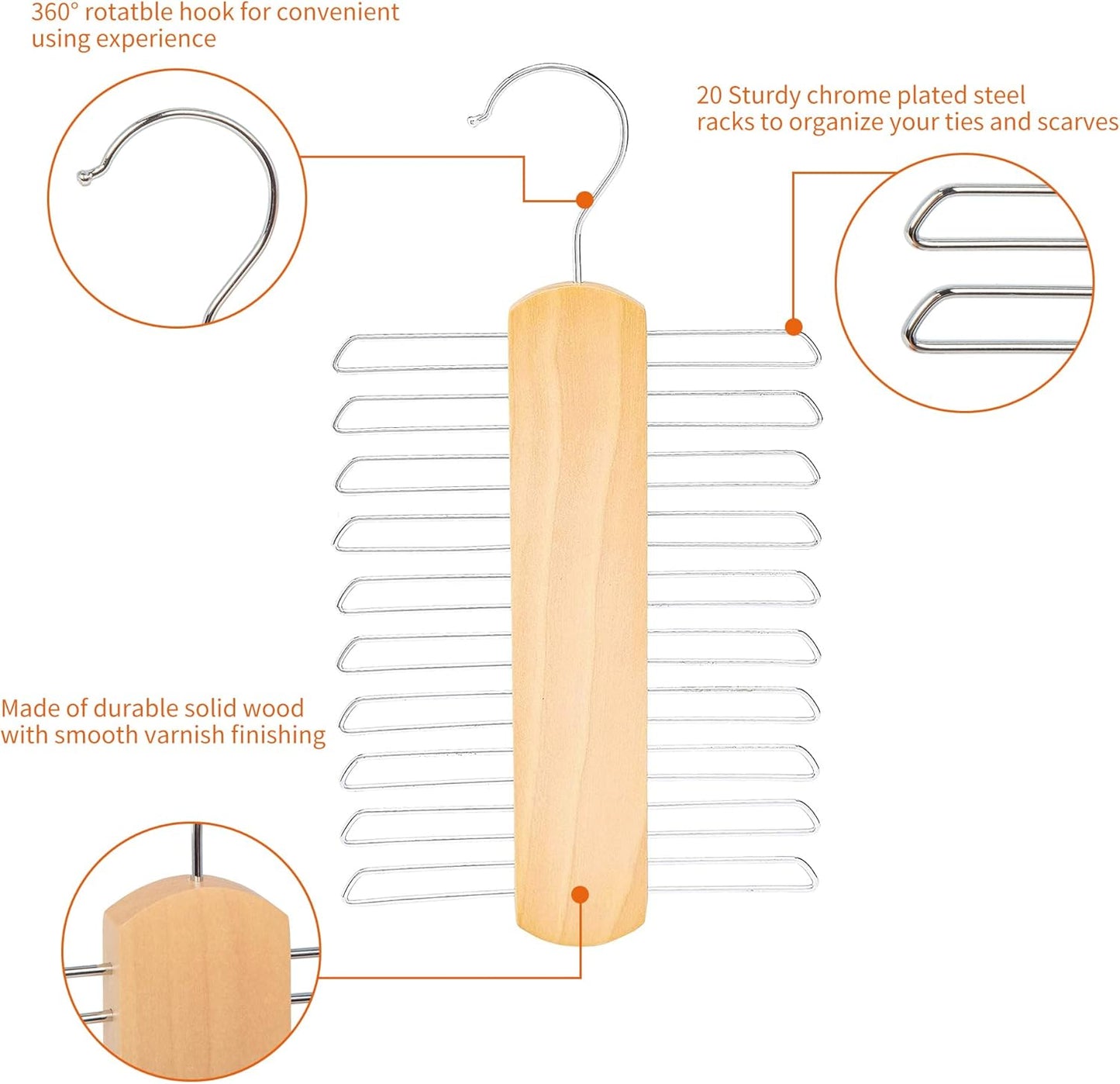 20 Bar Wooden Tie Hanger & Belt Rack, 2-Pack, 16 Cm, Natural