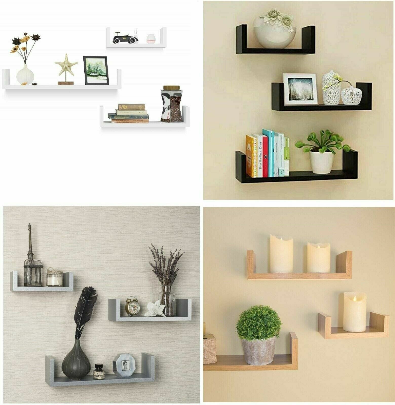 U Shaped Floating Shelve Wall Shelf Mounted Display Set Of3 Wooden Storage Shelf