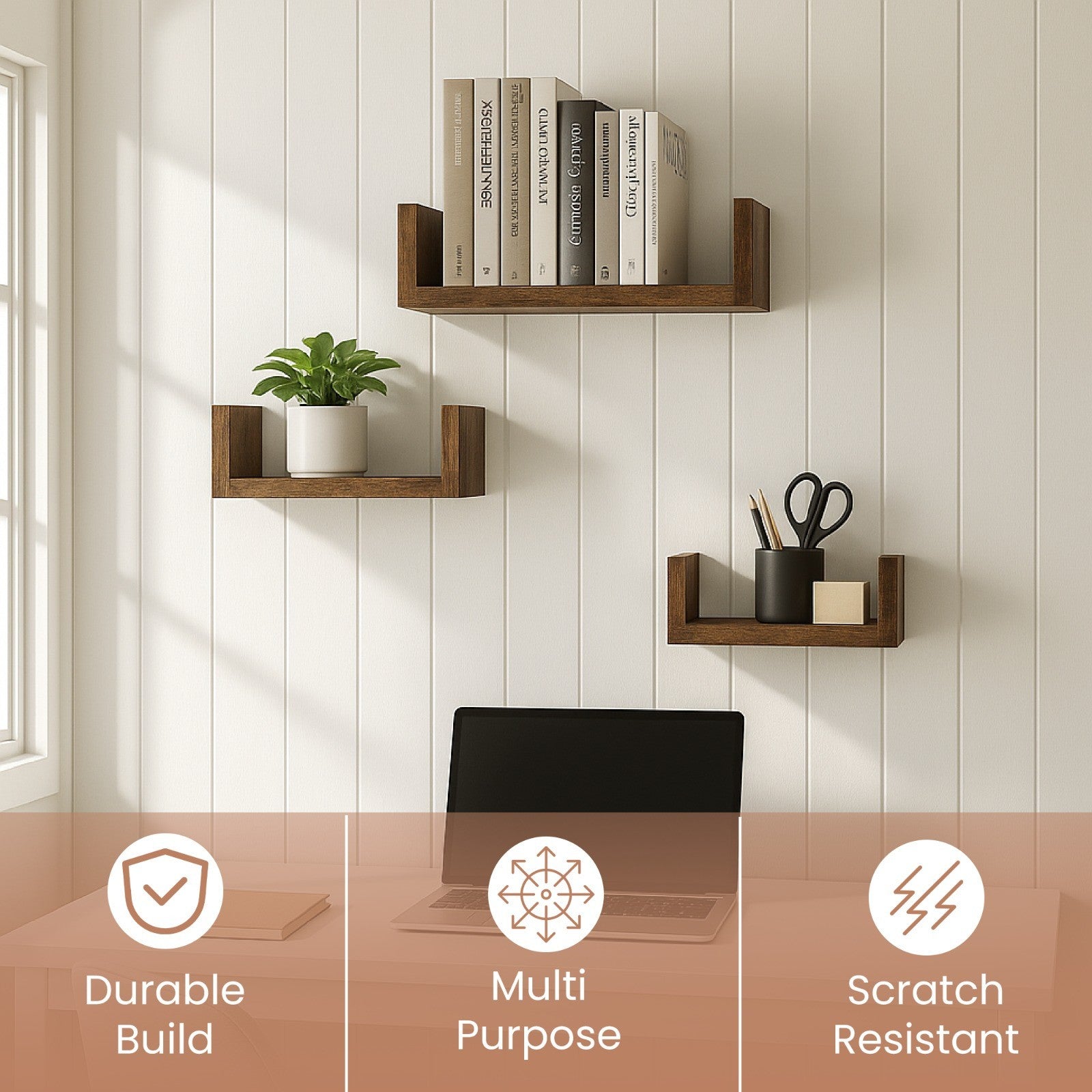 U Shaped Floating Shelve Wall Shelf Mounted Display Set Of3 Wooden Storage Shelf