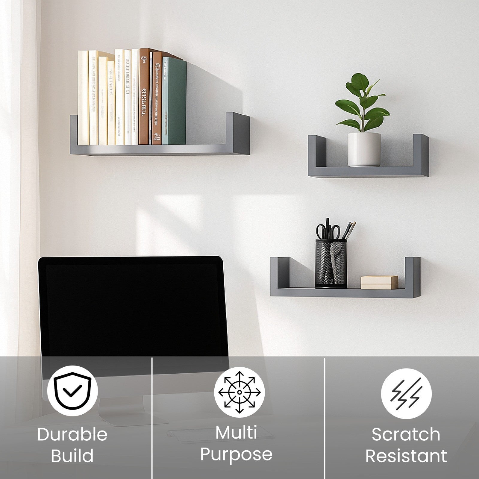 U Shaped Floating Shelve Wall Shelf Mounted Display Set Of3 Wooden Storage Shelf