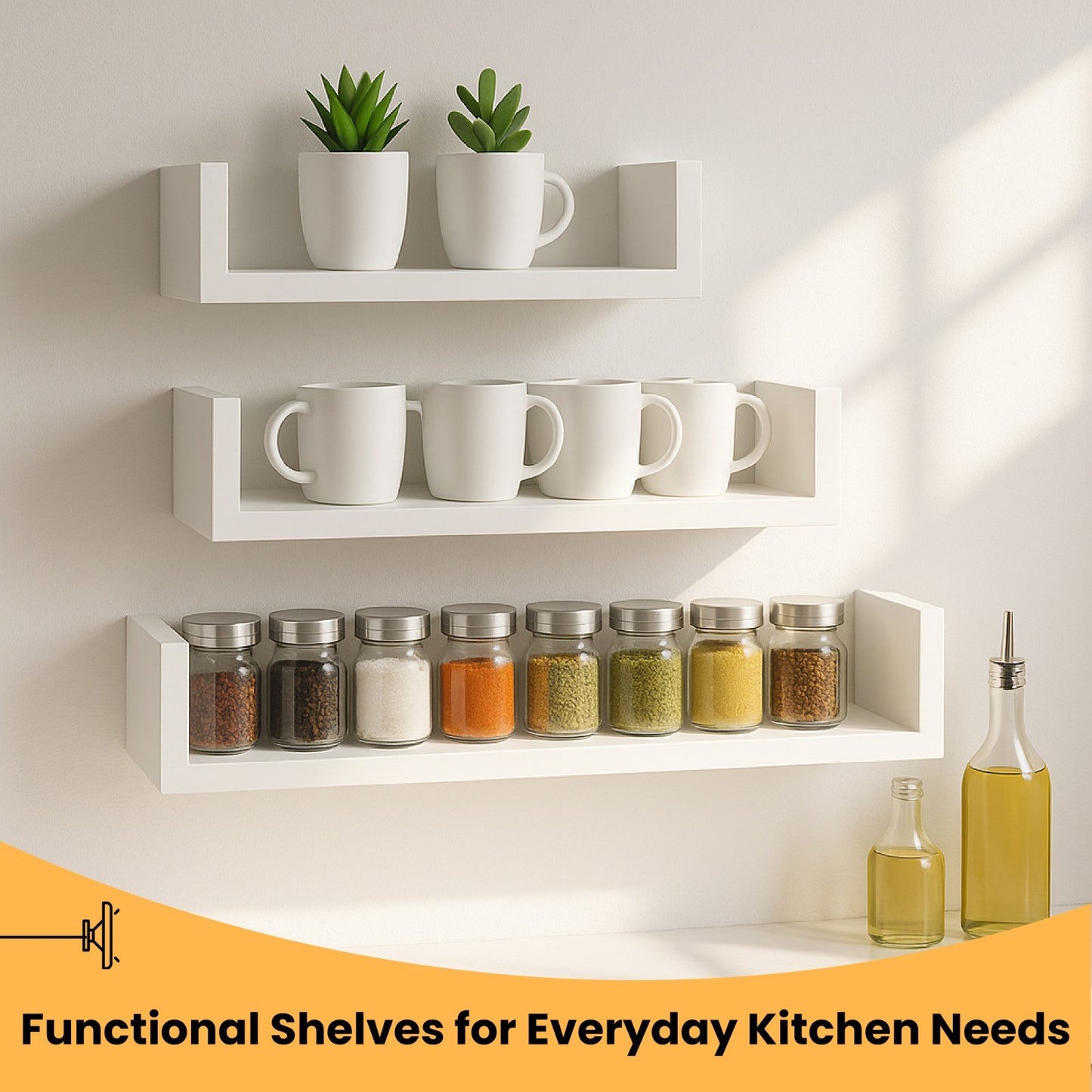 U Shaped Floating Shelve Wall Shelf Mounted Display Set Of3 Wooden Storage Shelf