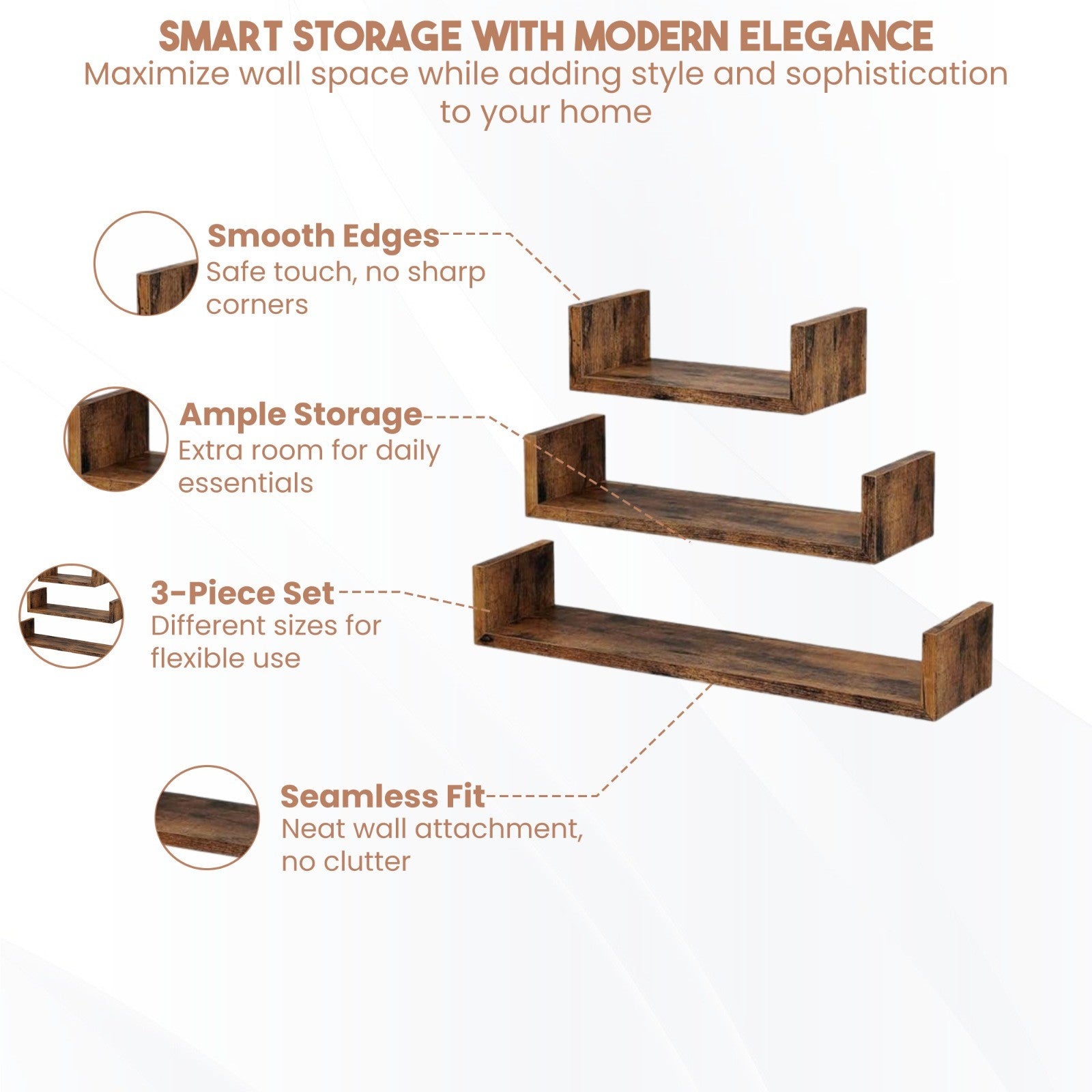 U Shaped Floating Shelve Wall Shelf Mounted Display Set Of3 Wooden Storage Shelf