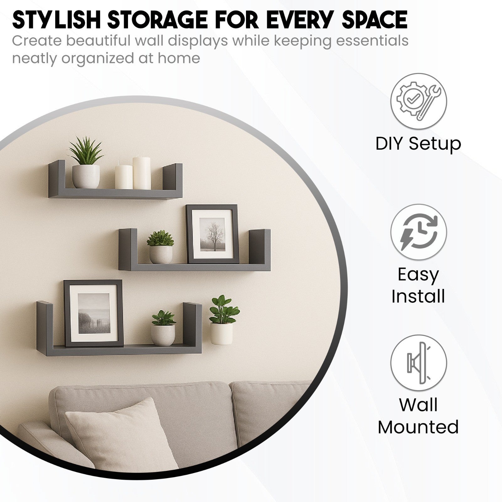 U Shaped Floating Shelve Wall Shelf Mounted Display Set Of3 Wooden Storage Shelf