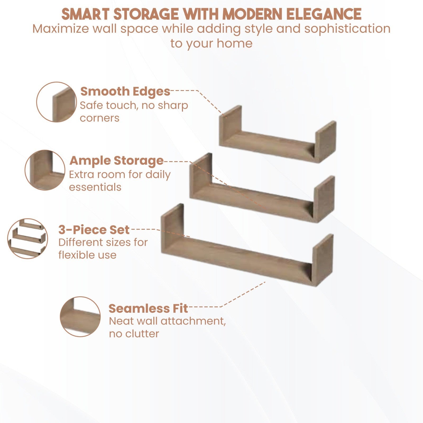 U Shaped Floating Shelve Wall Shelf Mounted Display Set Of3 Wooden Storage Shelf