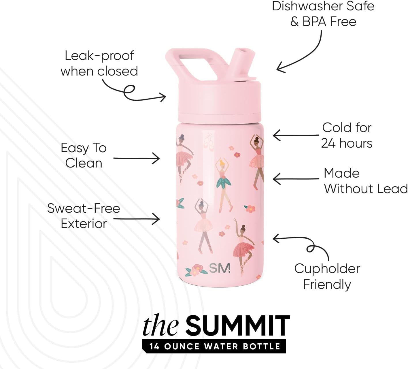 Kids Water Bottle with Straw | Insulated Stainless Steel Reusable Tumbler for Toddlers, Girls, Boys | Summit Collection | 415Ml | Pink Ballerina