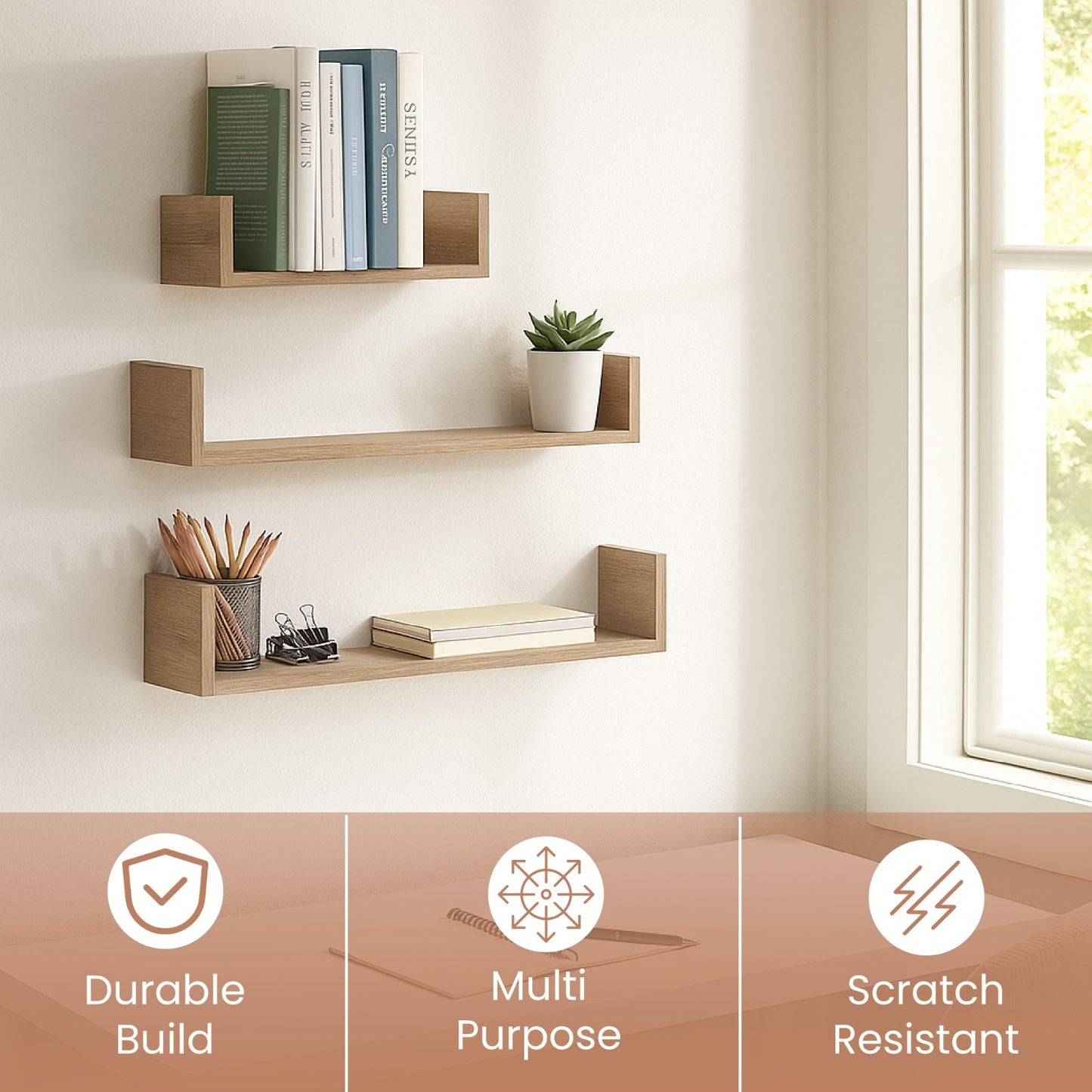 U Shaped Floating Shelve Wall Shelf Mounted Display Set Of3 Wooden Storage Shelf