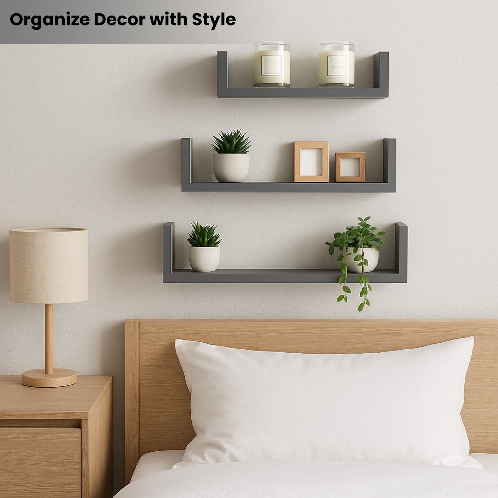 U Shaped Floating Shelve Wall Shelf Mounted Display Set Of3 Wooden Storage Shelf