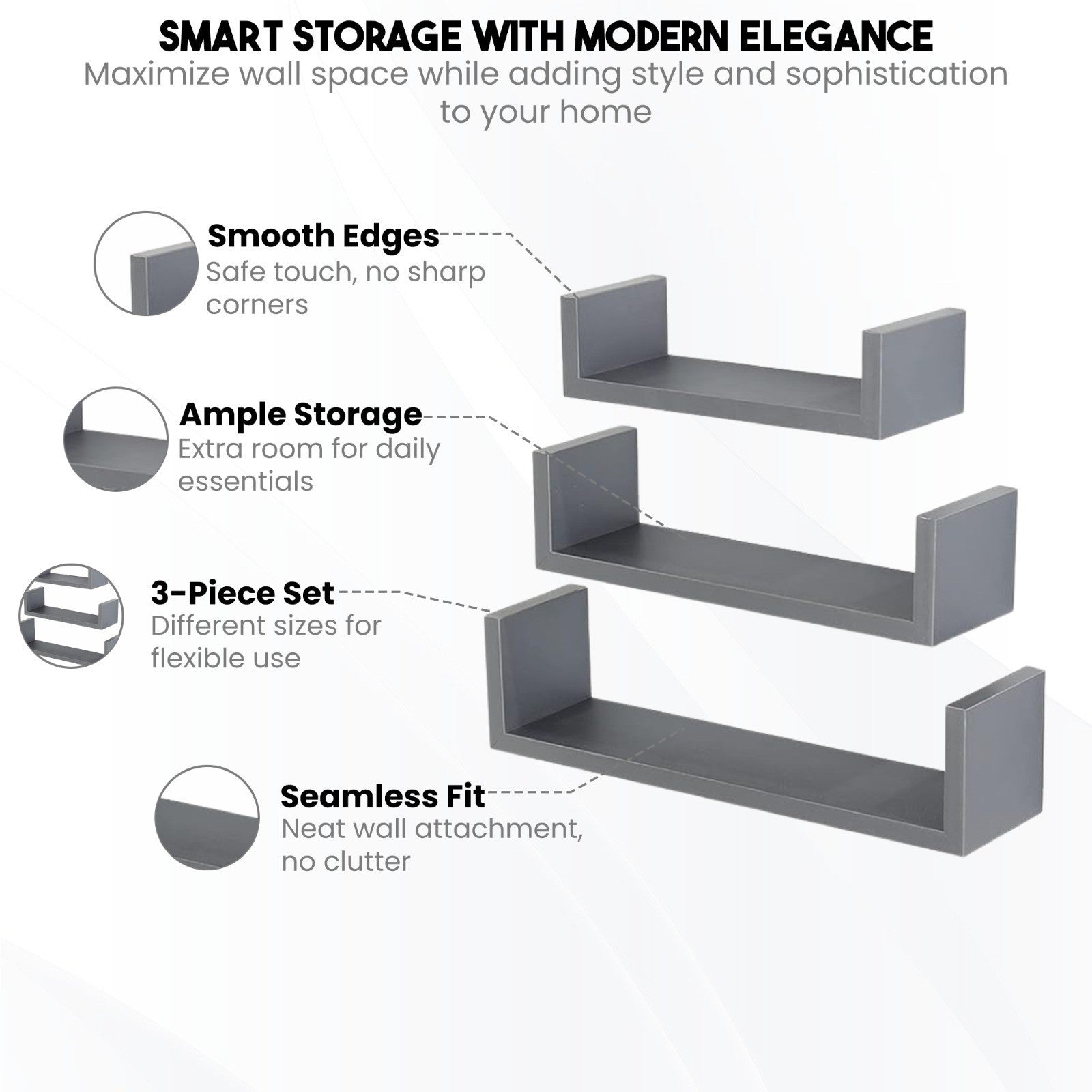 U Shaped Floating Shelve Wall Shelf Mounted Display Set Of3 Wooden Storage Shelf