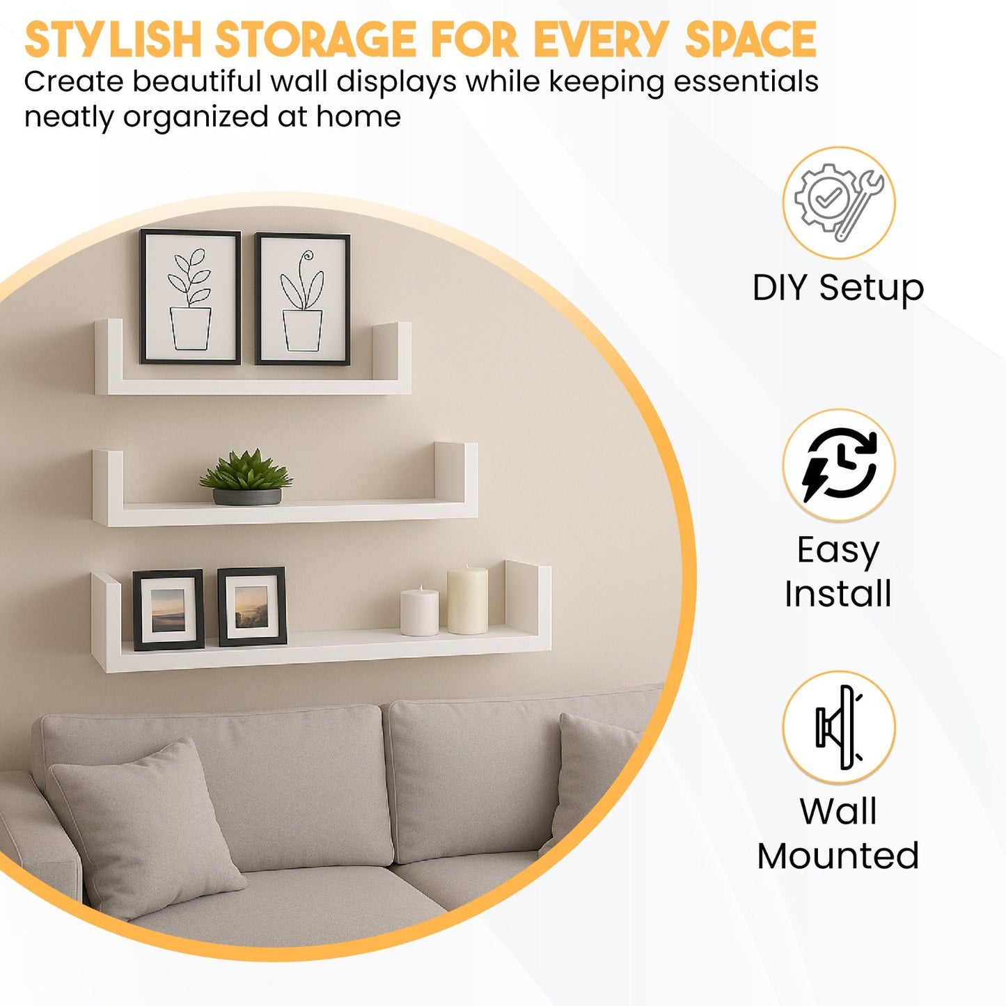 U Shaped Floating Shelve Wall Shelf Mounted Display Set Of3 Wooden Storage Shelf