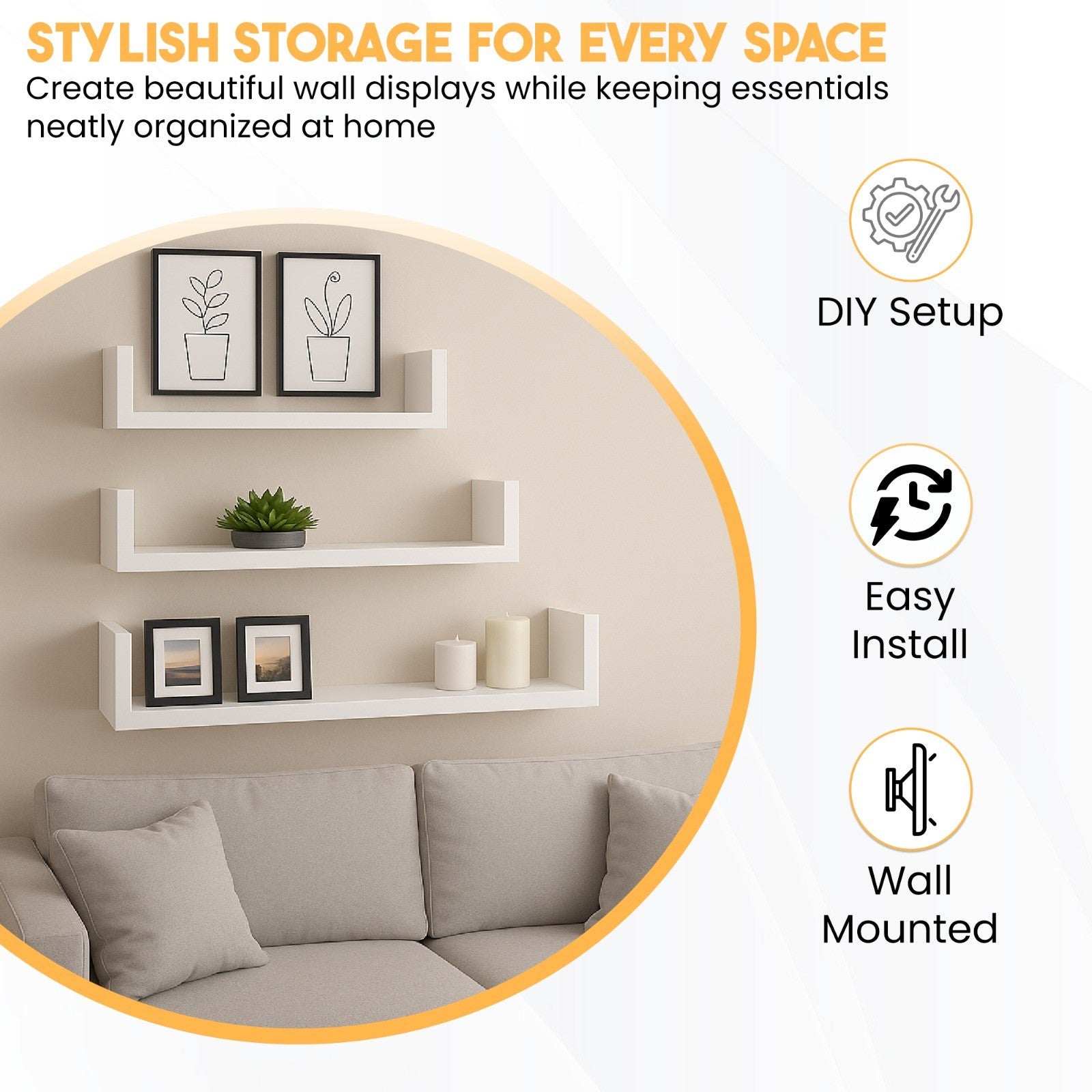 U Shaped Floating Shelve Wall Shelf Mounted Display Set Of3 Wooden Storage Shelf