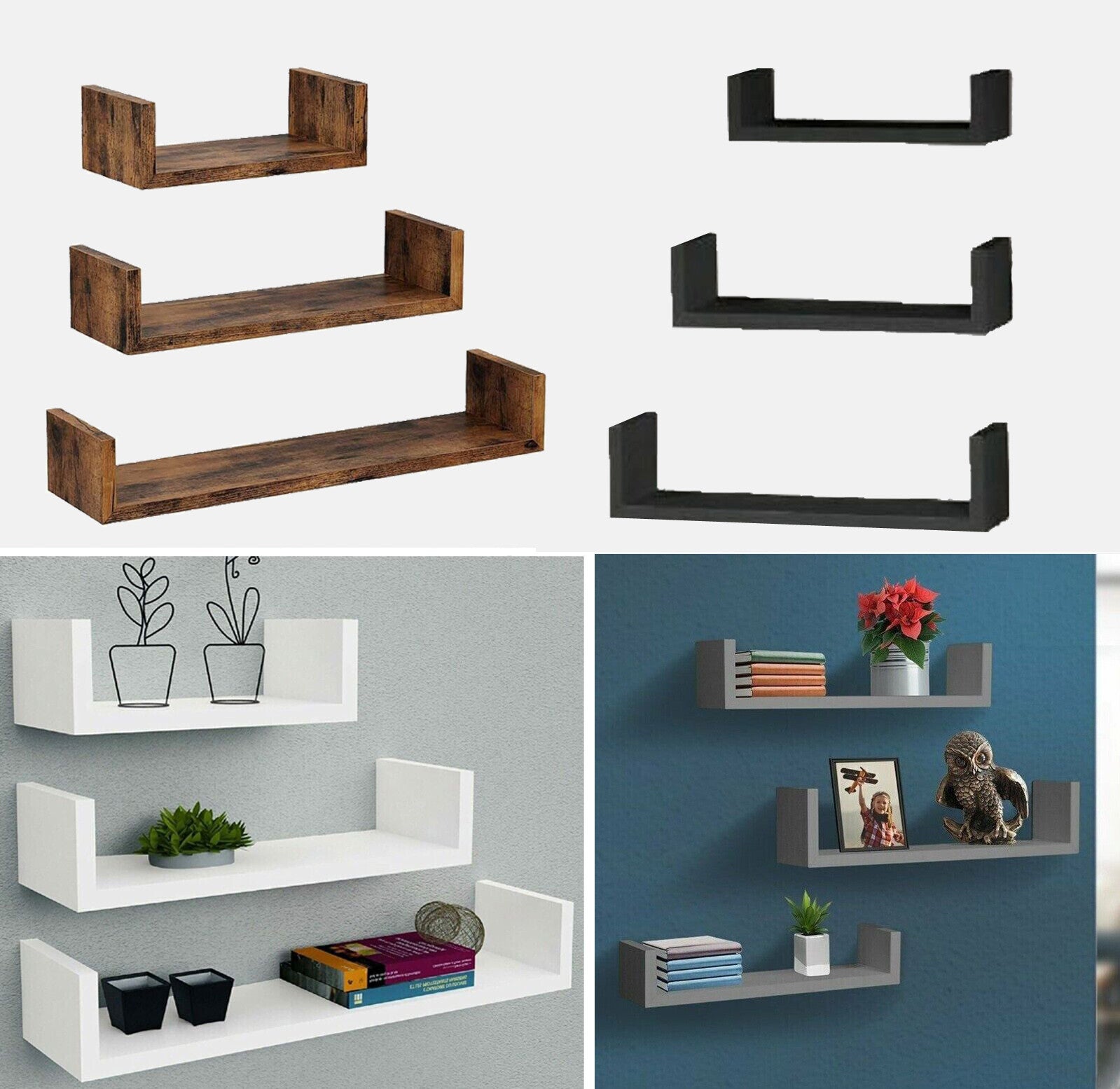 U Shaped Floating Shelve Wall Shelf Mounted Display Set Of3 Wooden Storage Shelf